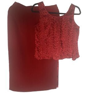 Vtg MISS DORBY 2-Piece Midi Skirt Sleeveless Blouse Set Petite Womens 10 P Red
